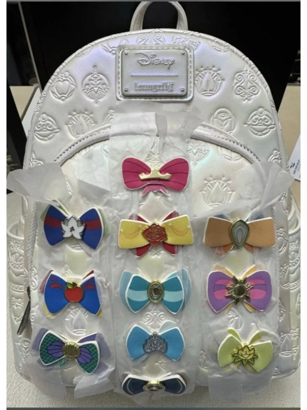 Loungefly Disney Princess Bows Iridescent White Pearl Mini Backpack NWT